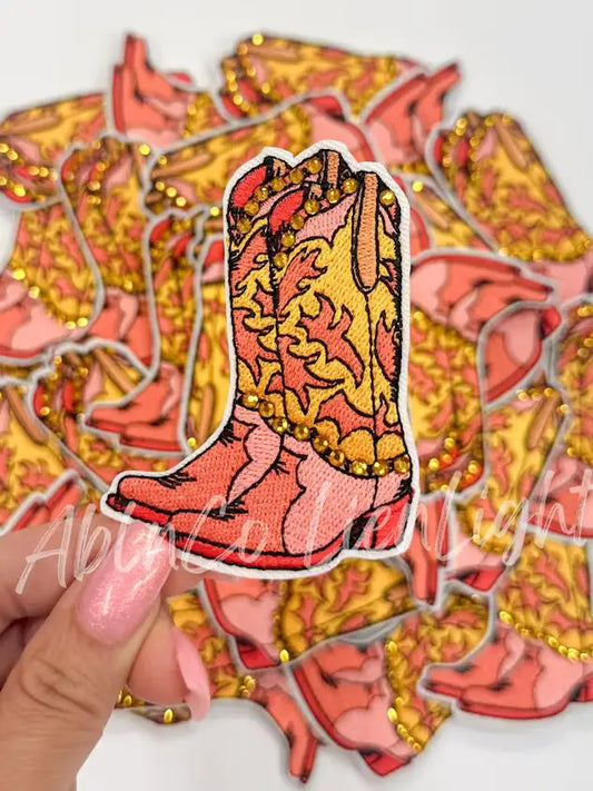 Orange Rhinestone Cowgirl Boot Patch