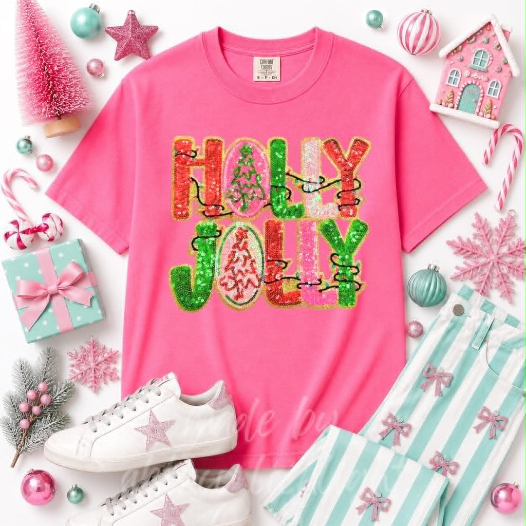 Holly Jolly Christmas Lights Christmas Sequin Patch Tshirt