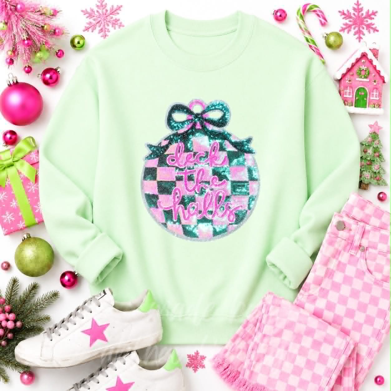 Deck The Halls Ornament Christmas Sequin Patch Sweatshirt