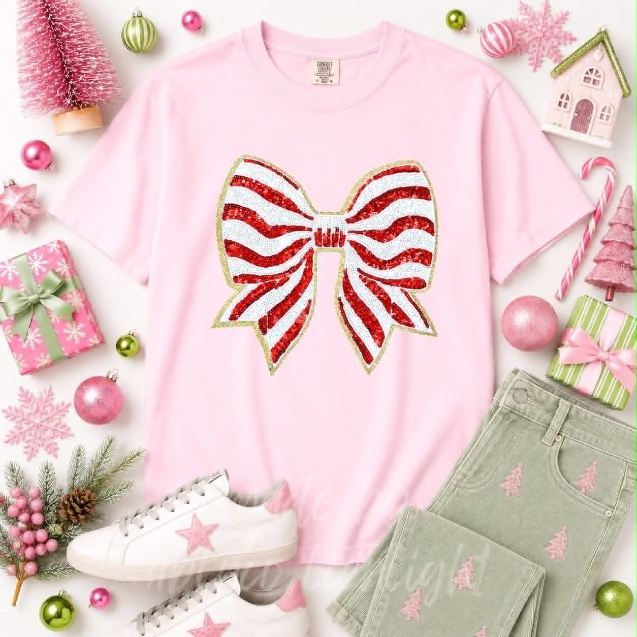 Red Striped Bow Christmas Sequin Patch Tshirt