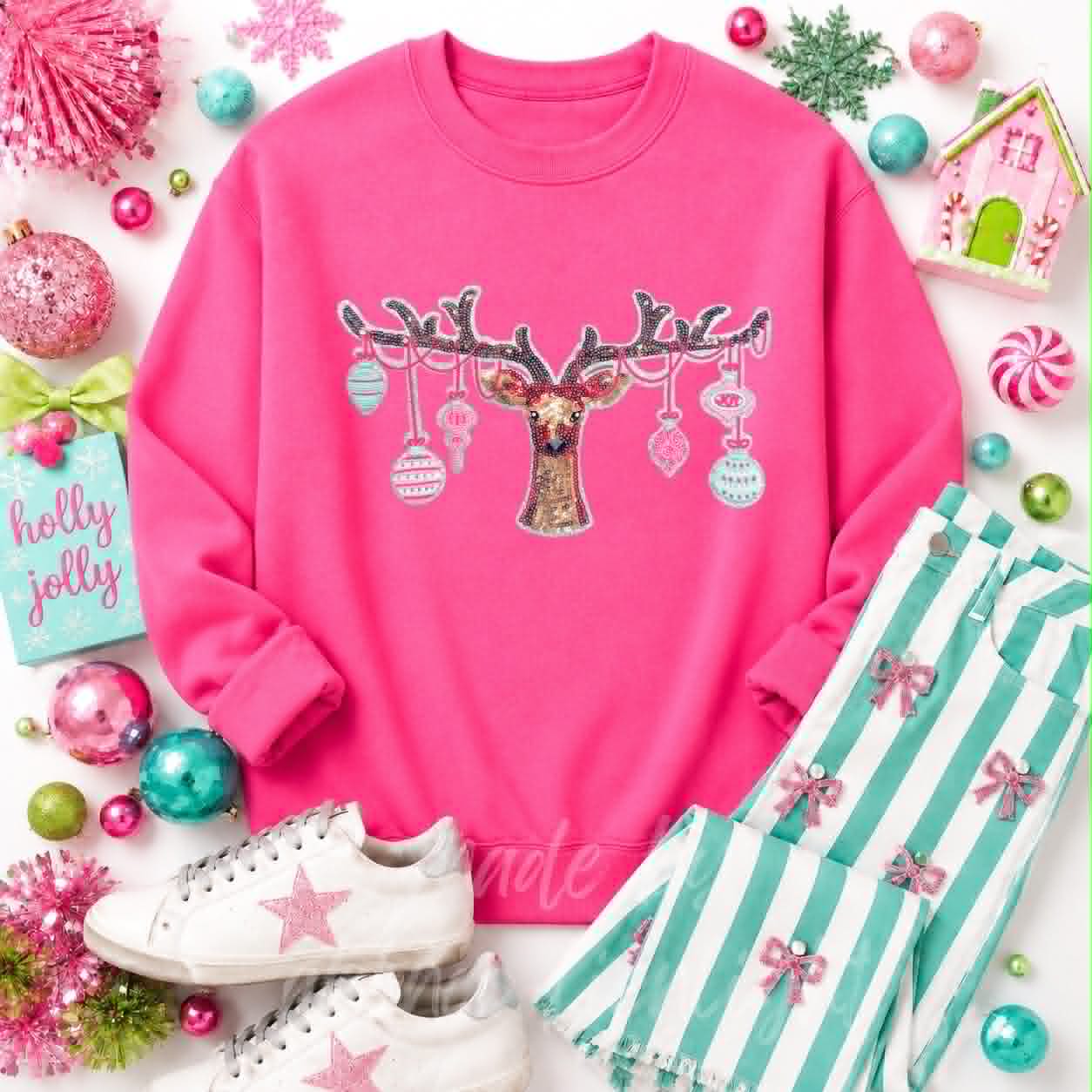 Ornament Reindeer Christmas Sequin Patch Sweatshirt