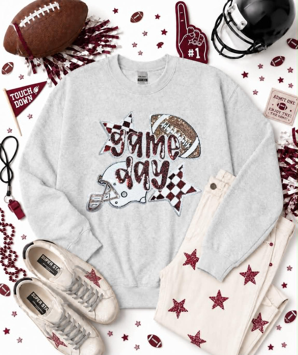 Maroon Game Day Checkered Football Sequin Patch Sweatshirt