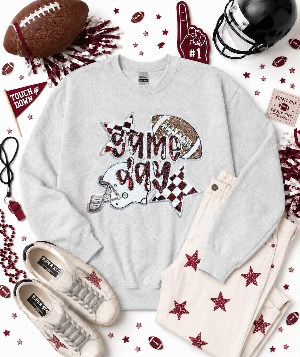 Maroon Game Day Checkered Football Sequin Patch Sweatshirt