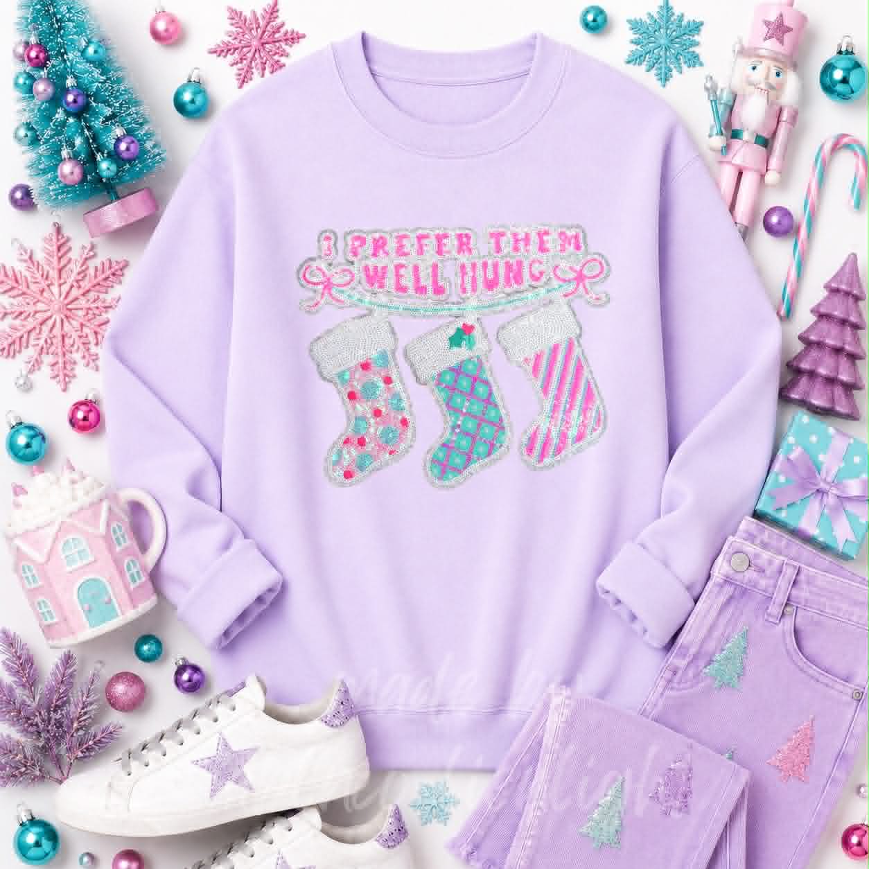 I Prefer Them Well Hung Stockings Christmas Sequin Patch Sweatshirt