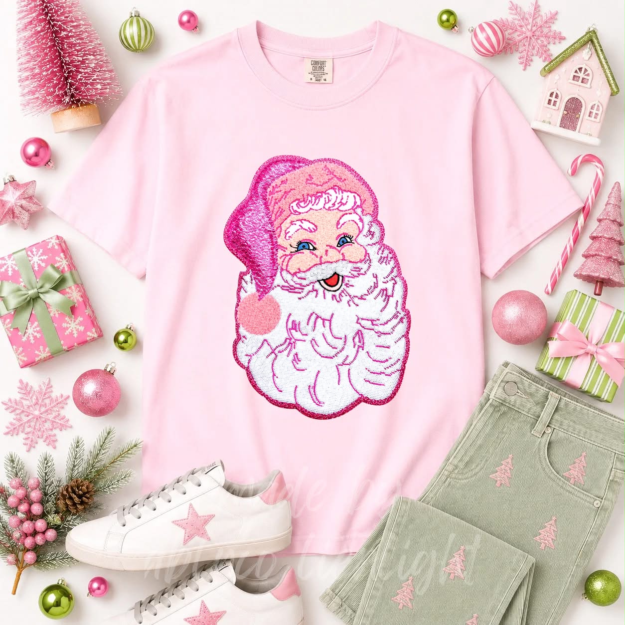 Pink Santa Christmas Sequin Patch Tshirt
