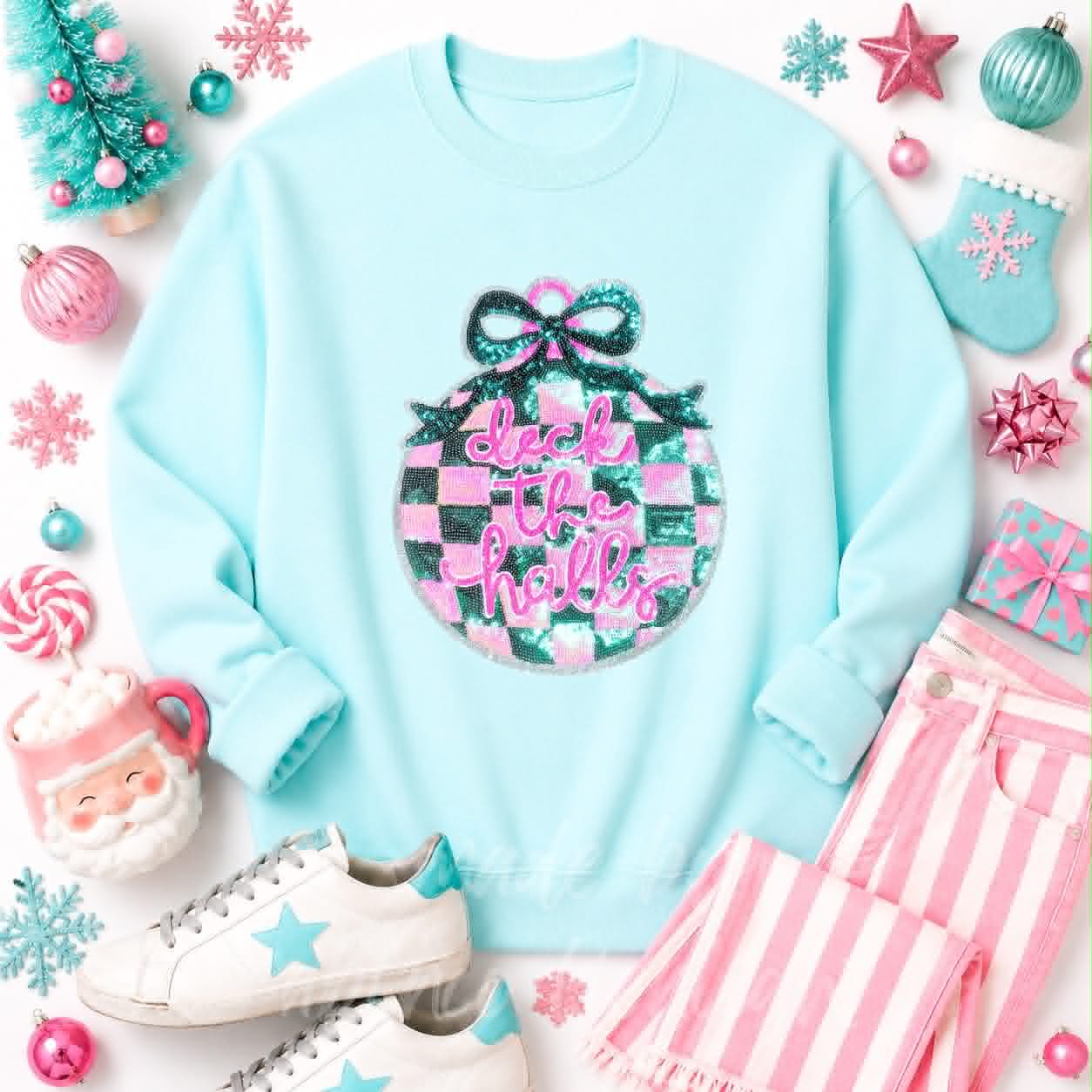 Deck The Halls Ornament Christmas Sequin Patch Sweatshirt