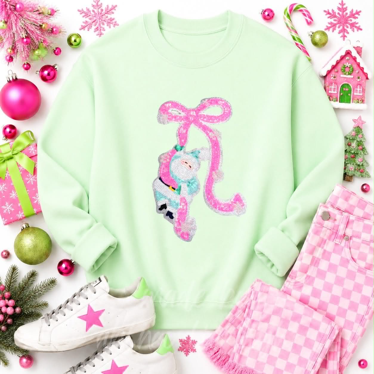 Pink Santa Bow Christmas Sequin Patch Sweatshirt
