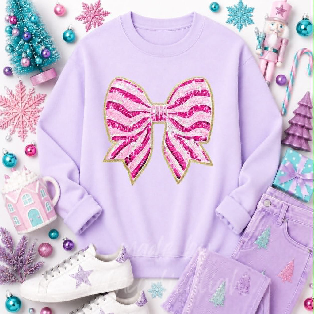 Pink Stripe Bow Christmas Sequin Patch Sweatshirt
