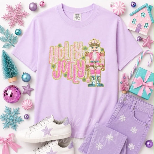 Holly Jolly Nutcracker Christmas Sequin Patch Tshirt