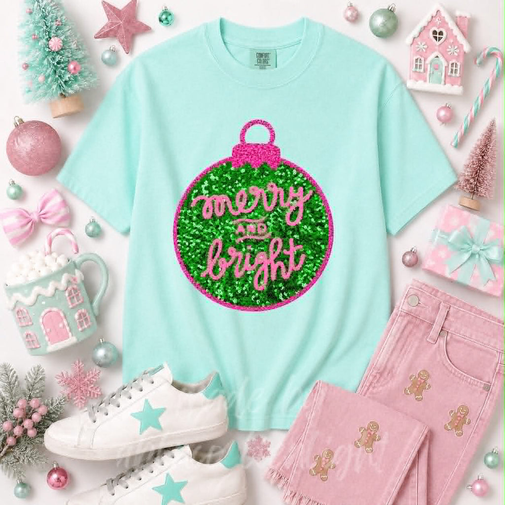Merry & Bright Ornament Christmas Sequin Patch Tshirt