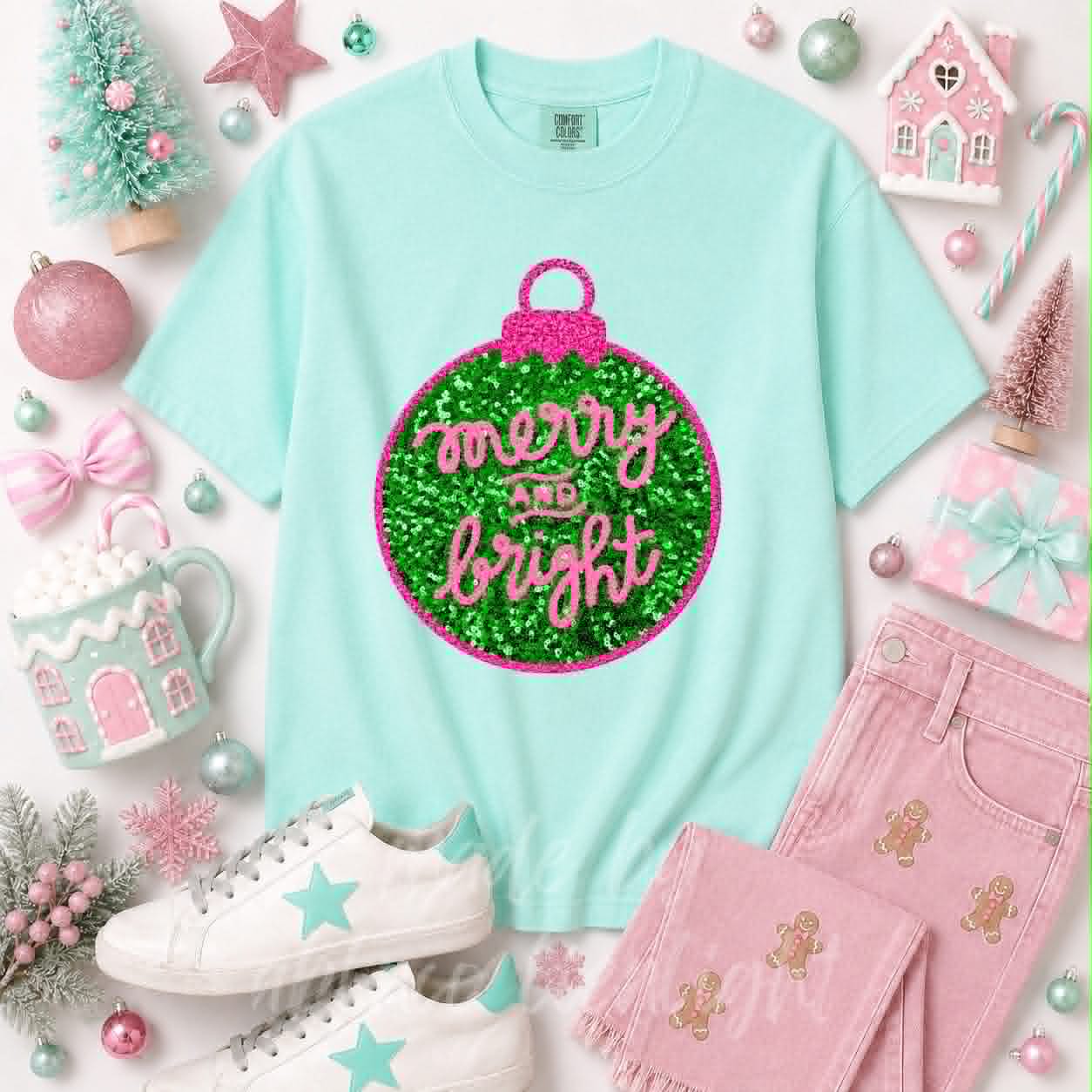 Merry & Bright Ornament Christmas Sequin Patch Tshirt