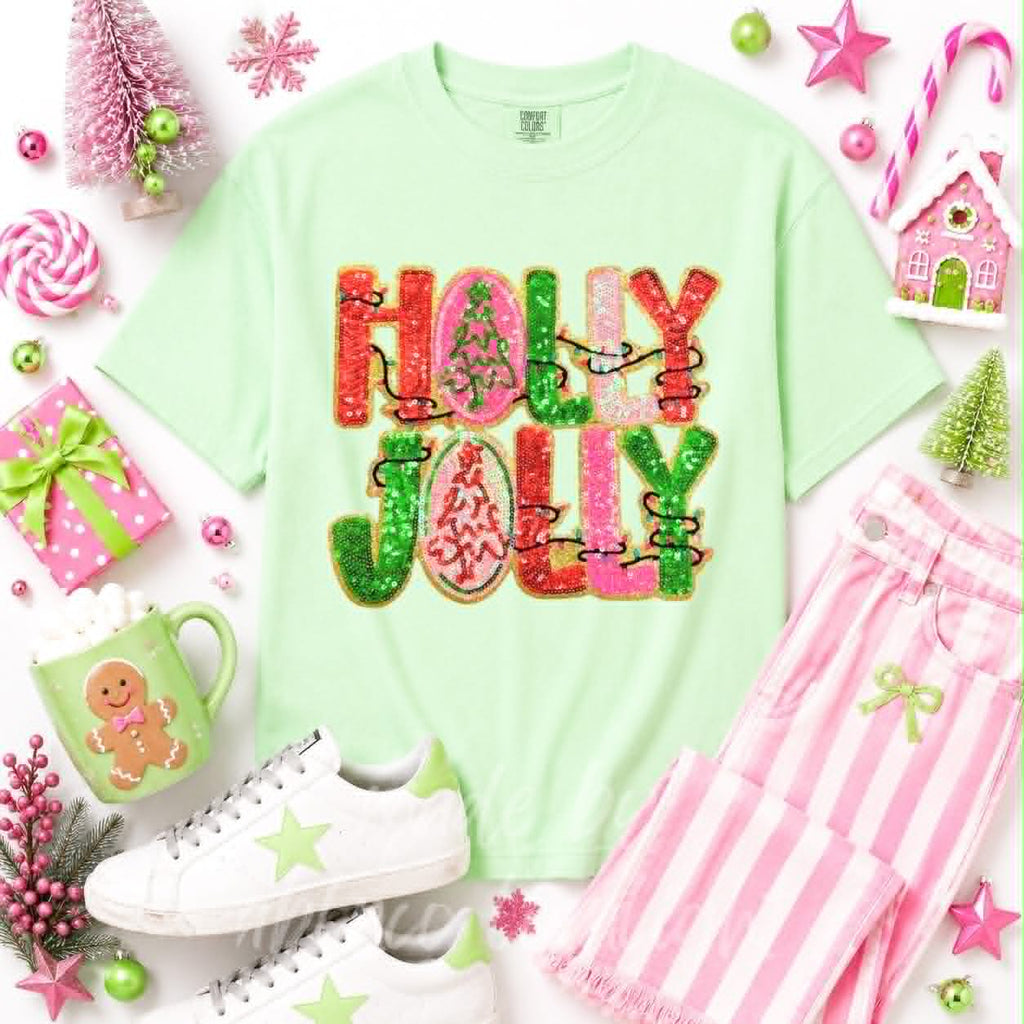 Holly Jolly Christmas Lights Christmas Sequin Patch Tshirt