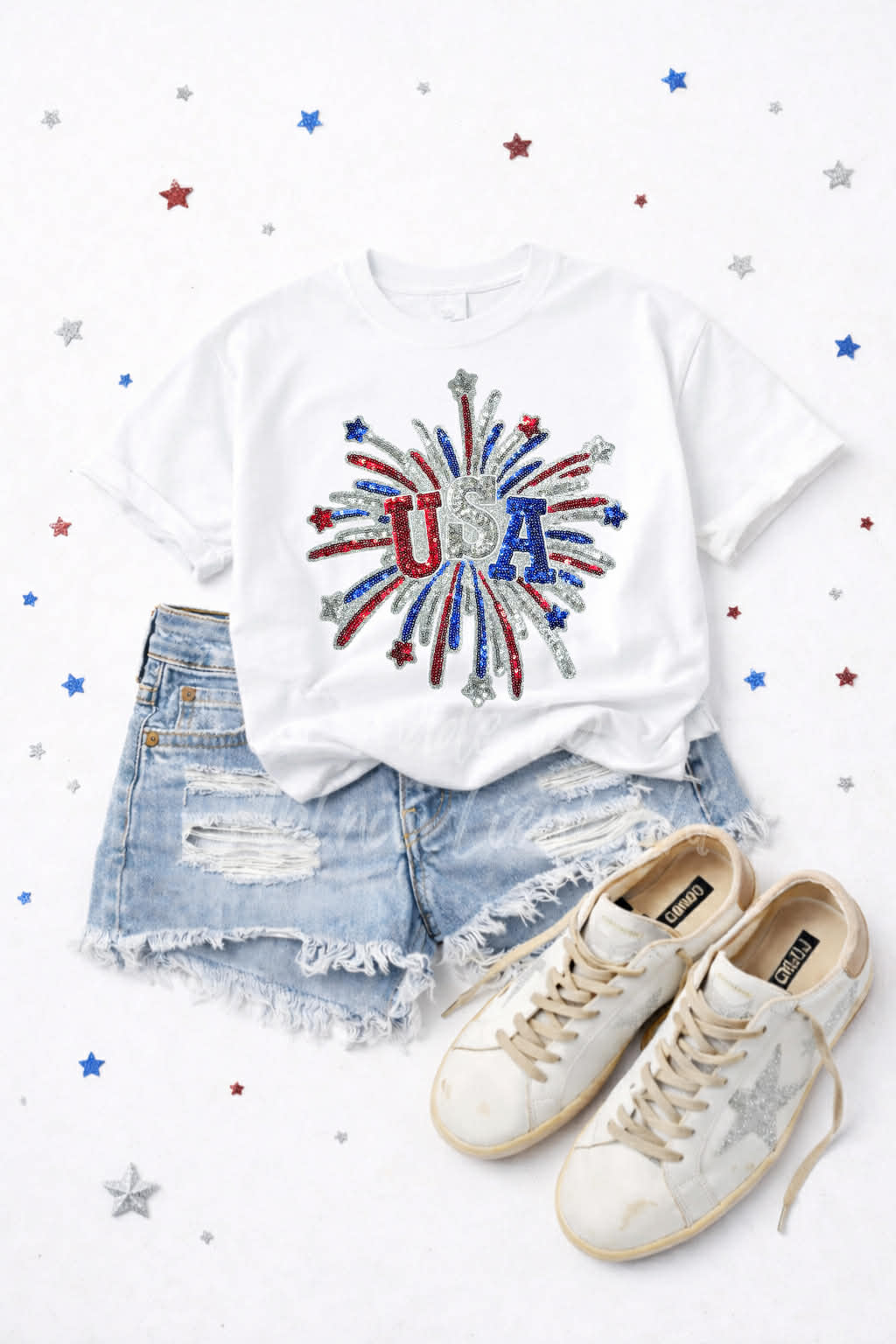USA 4th of July Fireworks Sequin Patch Tshirt