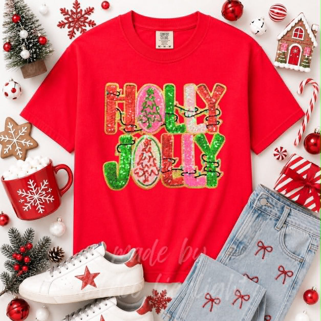 Holly Jolly Christmas Lights Christmas Sequin Patch Tshirt
