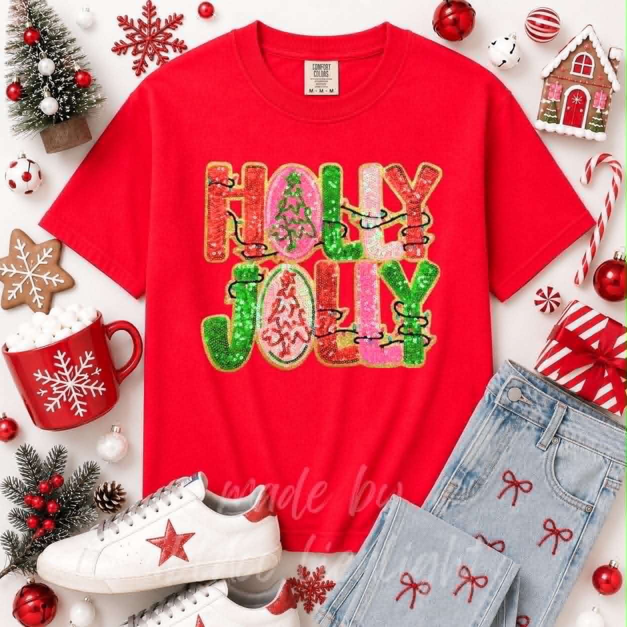 Holly Jolly Christmas Lights Christmas Sequin Patch Tshirt