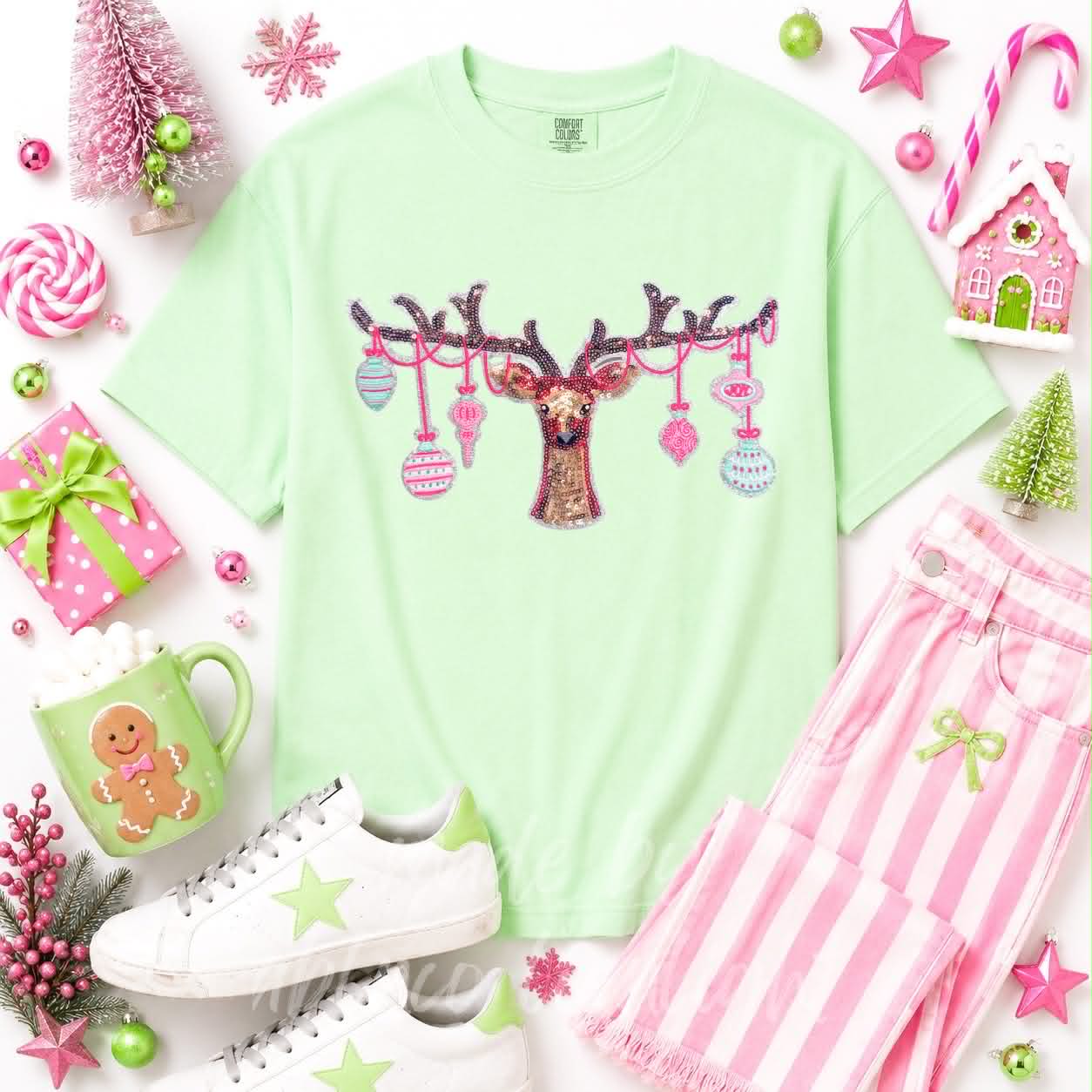 Ornament Reindeer Christmas Sequin Patch Tshirt