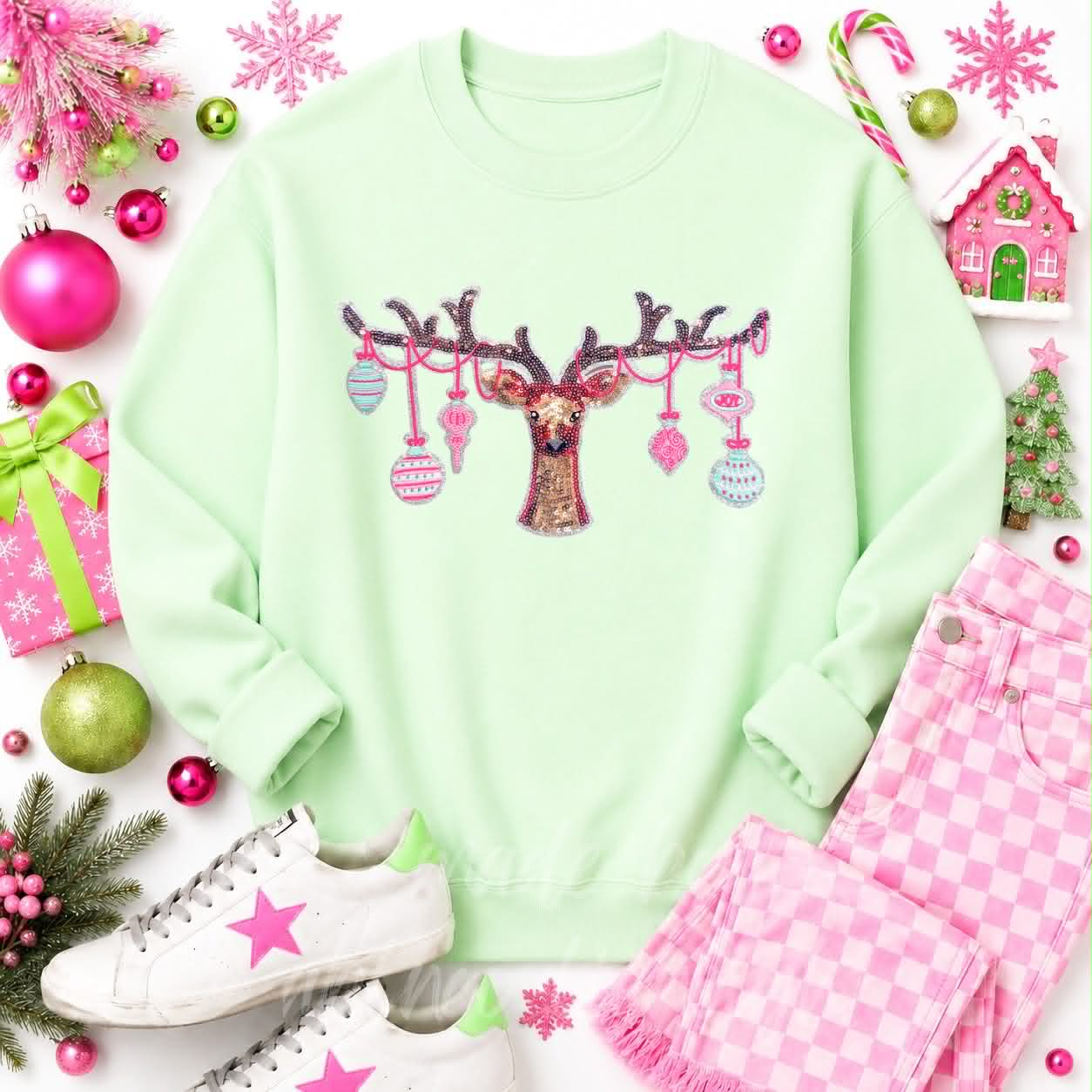 Ornament Reindeer Christmas Sequin Patch Sweatshirt