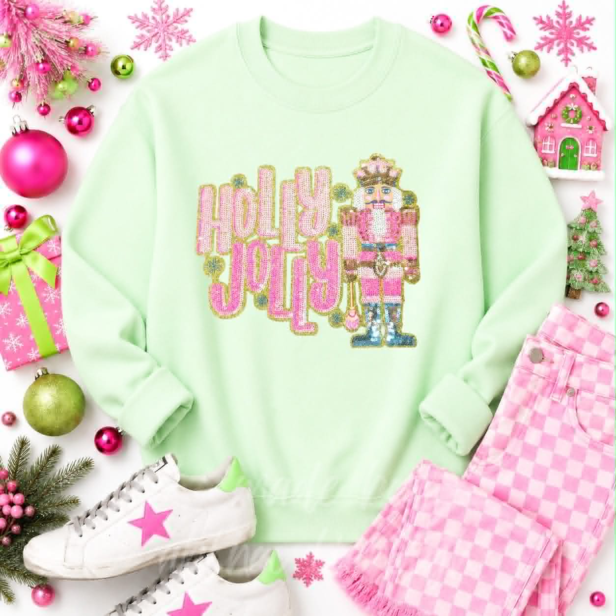 Holly Jolly Nutcracker Christmas Sequin Patch Sweatshirt