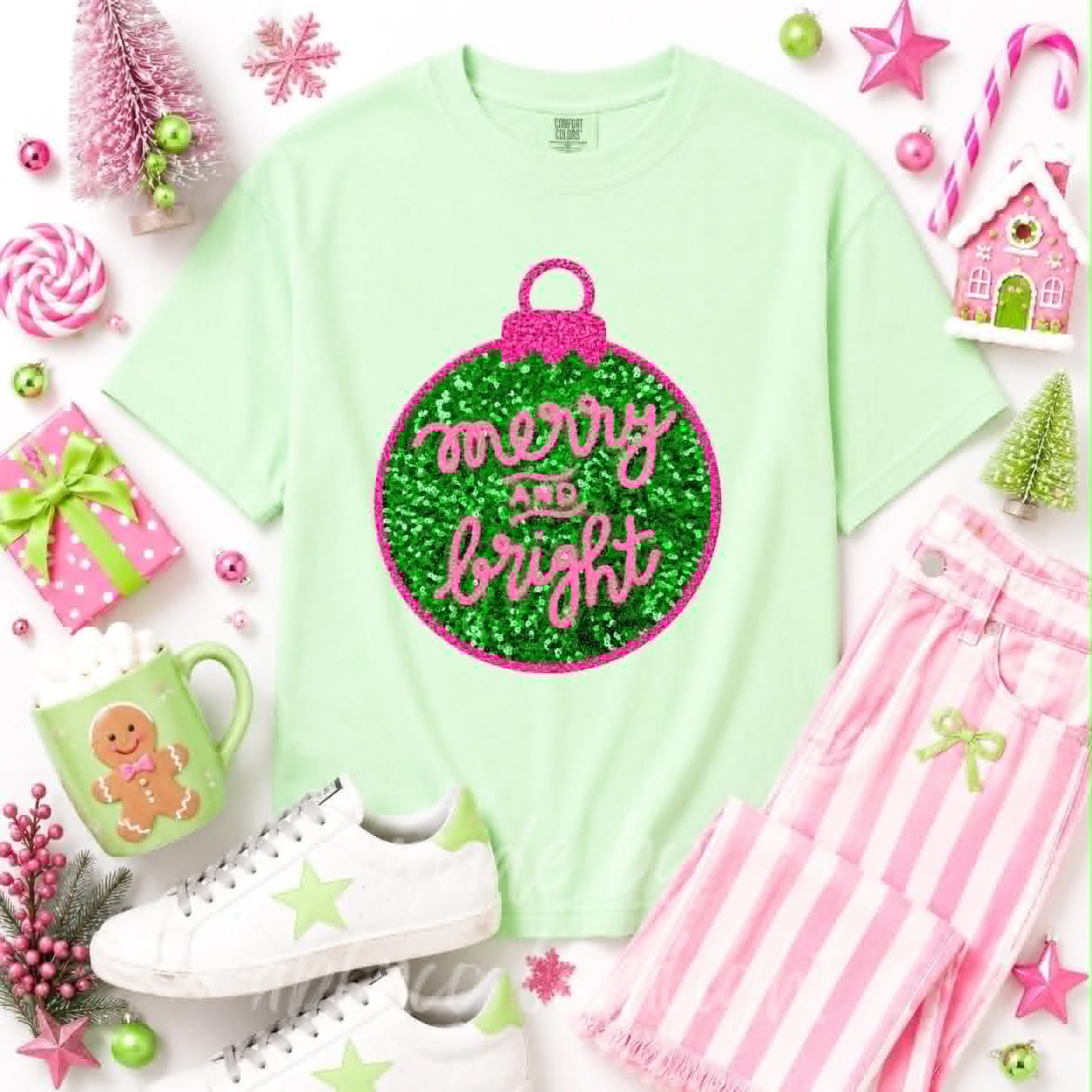 Merry & Bright Ornament Christmas Sequin Patch Tshirt
