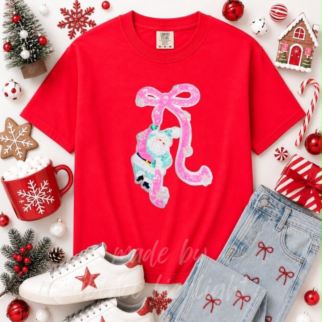 Pink Santa Bow Christmas Sequin Patch Tshirt