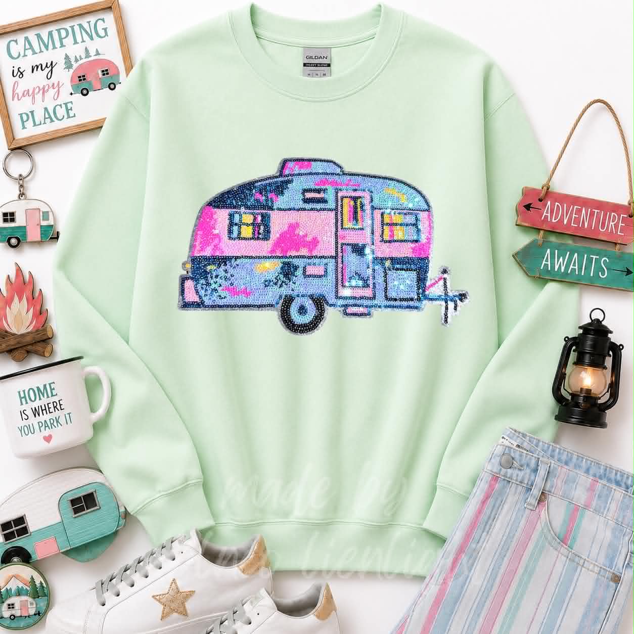 Trailer Camper Camping Pink Sequin Patch Sweatshirt