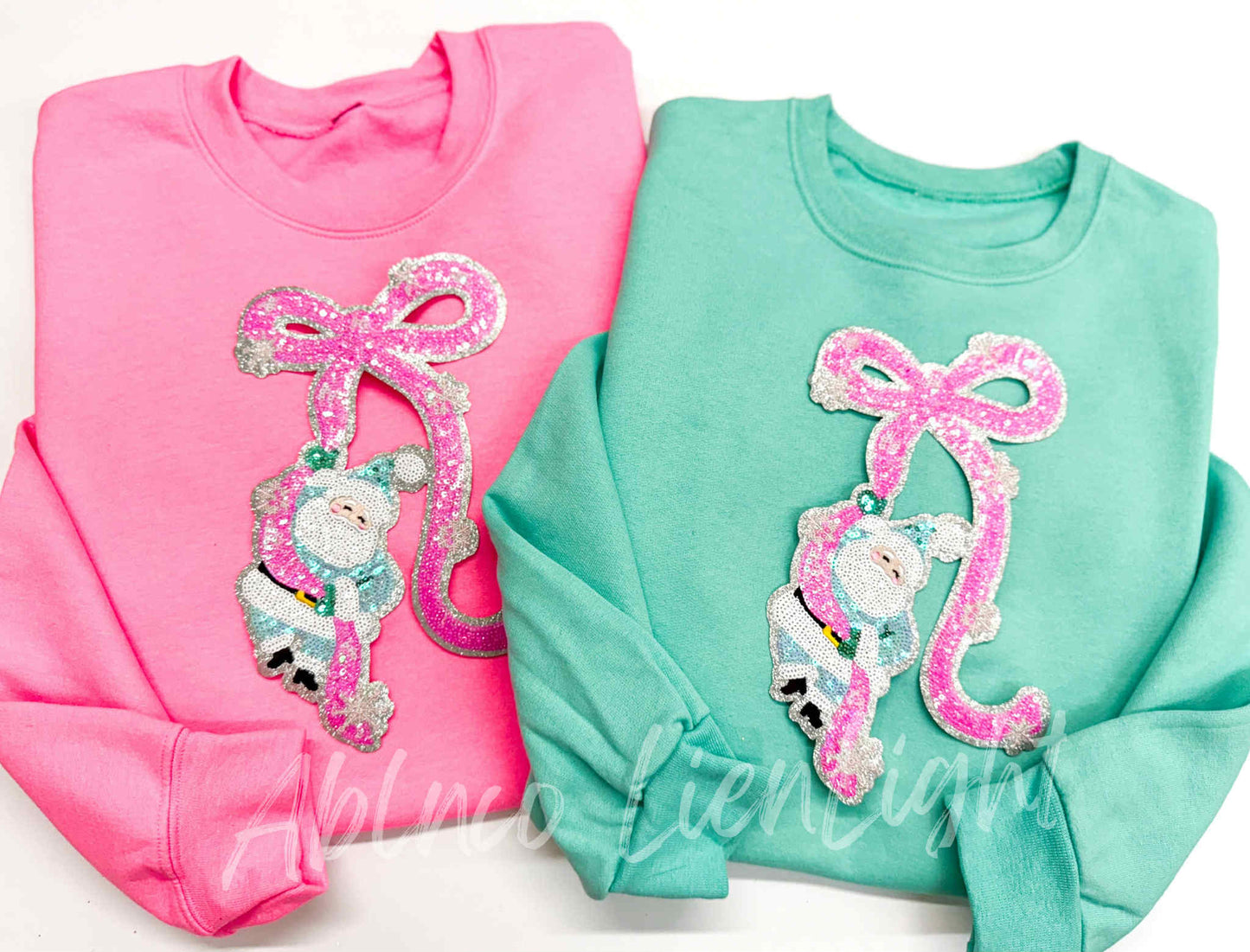 Bow Hanging Santa Sequins Christmas Patch Sweatshirt