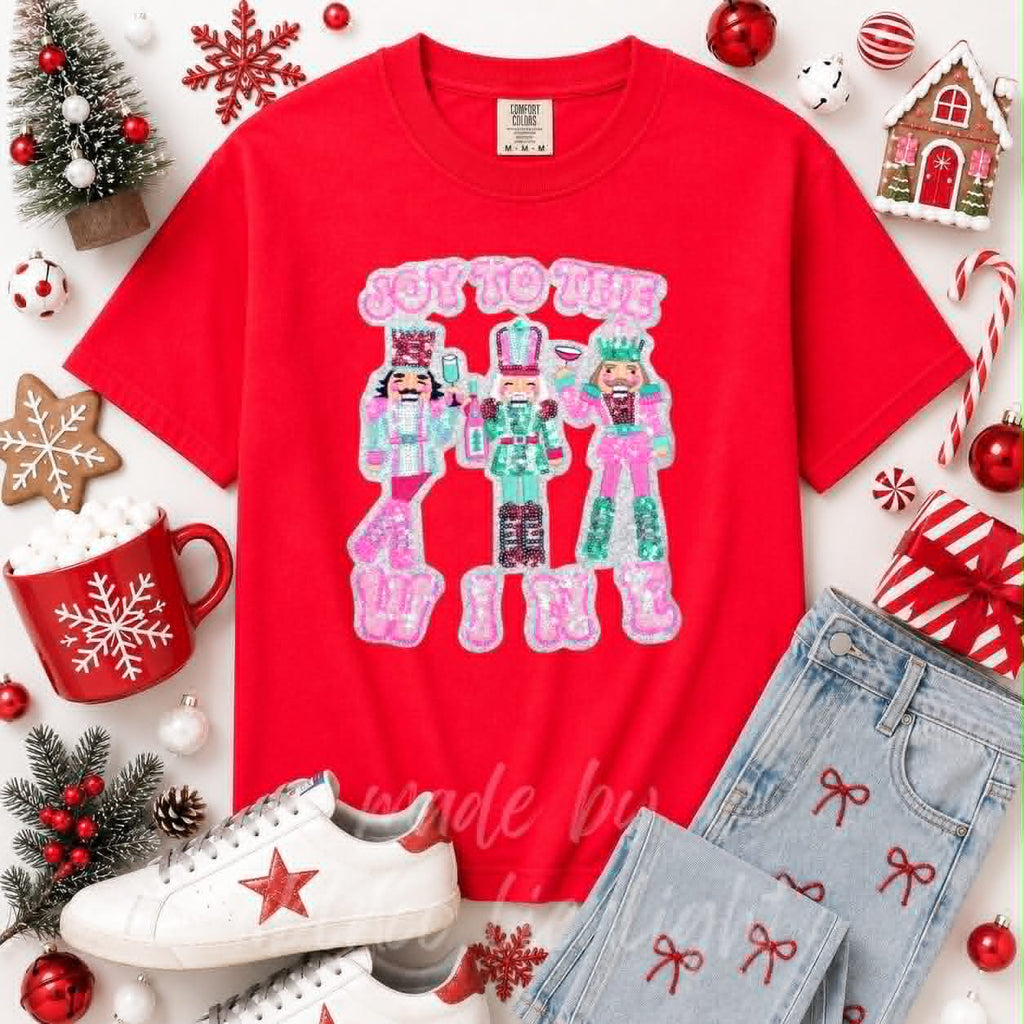Joy to the Wine Nutcracker Christmas Sequin Patch Tshirt
