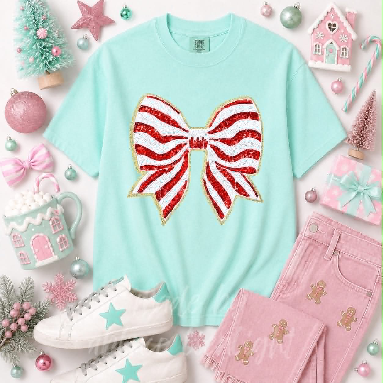 Red Striped Bow Christmas Sequin Patch Tshirt