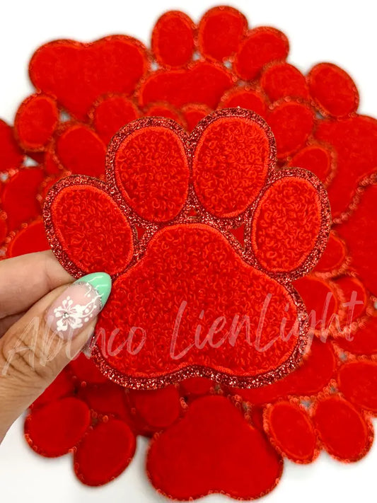 Red Chenille Paw Embroidery Patch