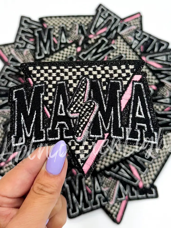 Mama Pink Black Checkered Bolt Embroidery Patch