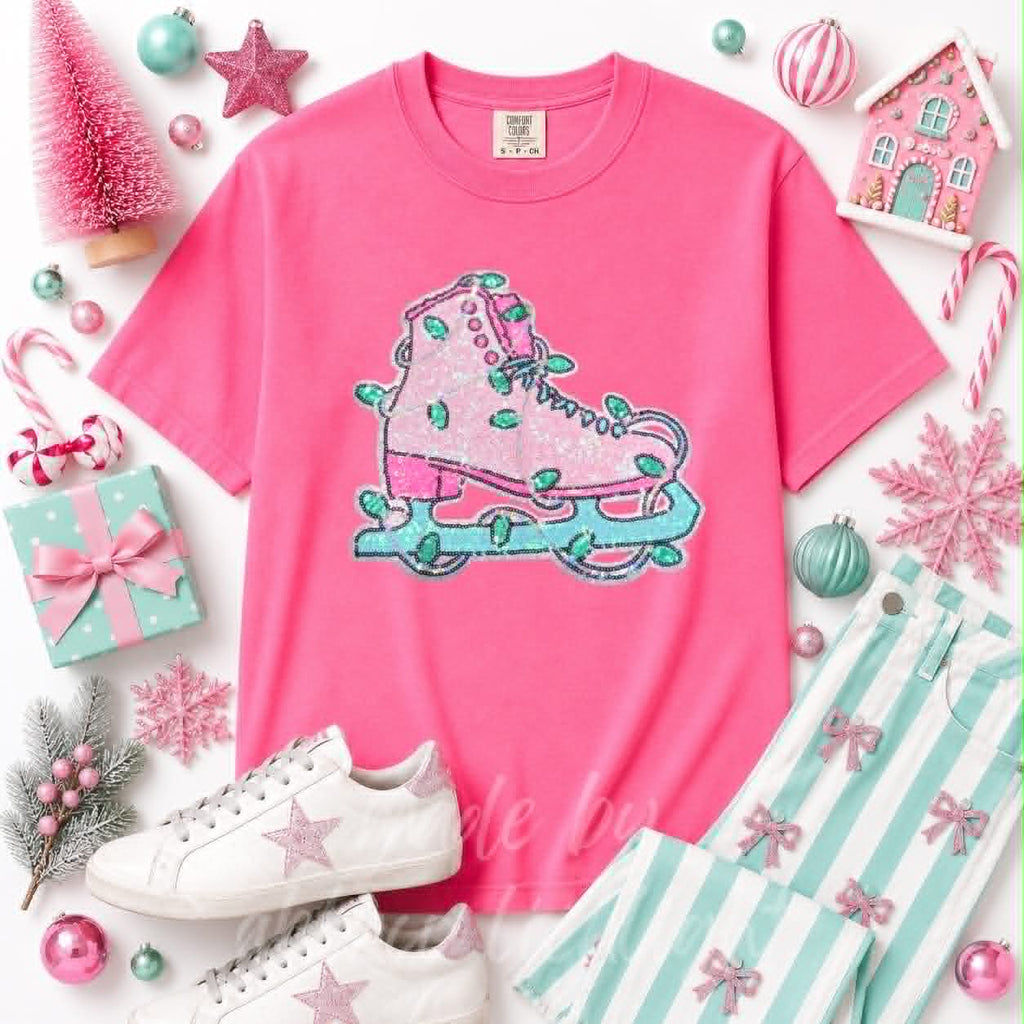 Pink Ice Skate Christmas Sequin Patch Tshirt