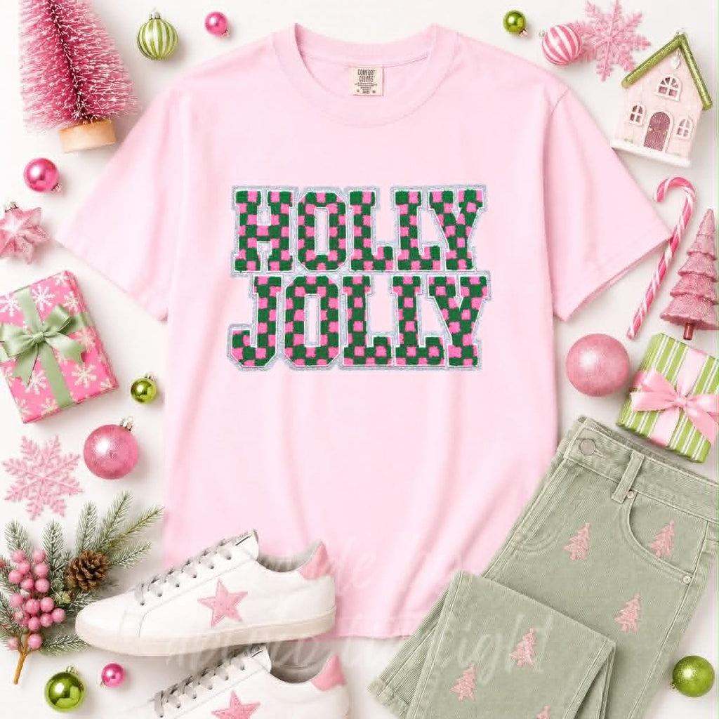 Checkered Holly Jolly Christmas Sequin Patch Tshirt