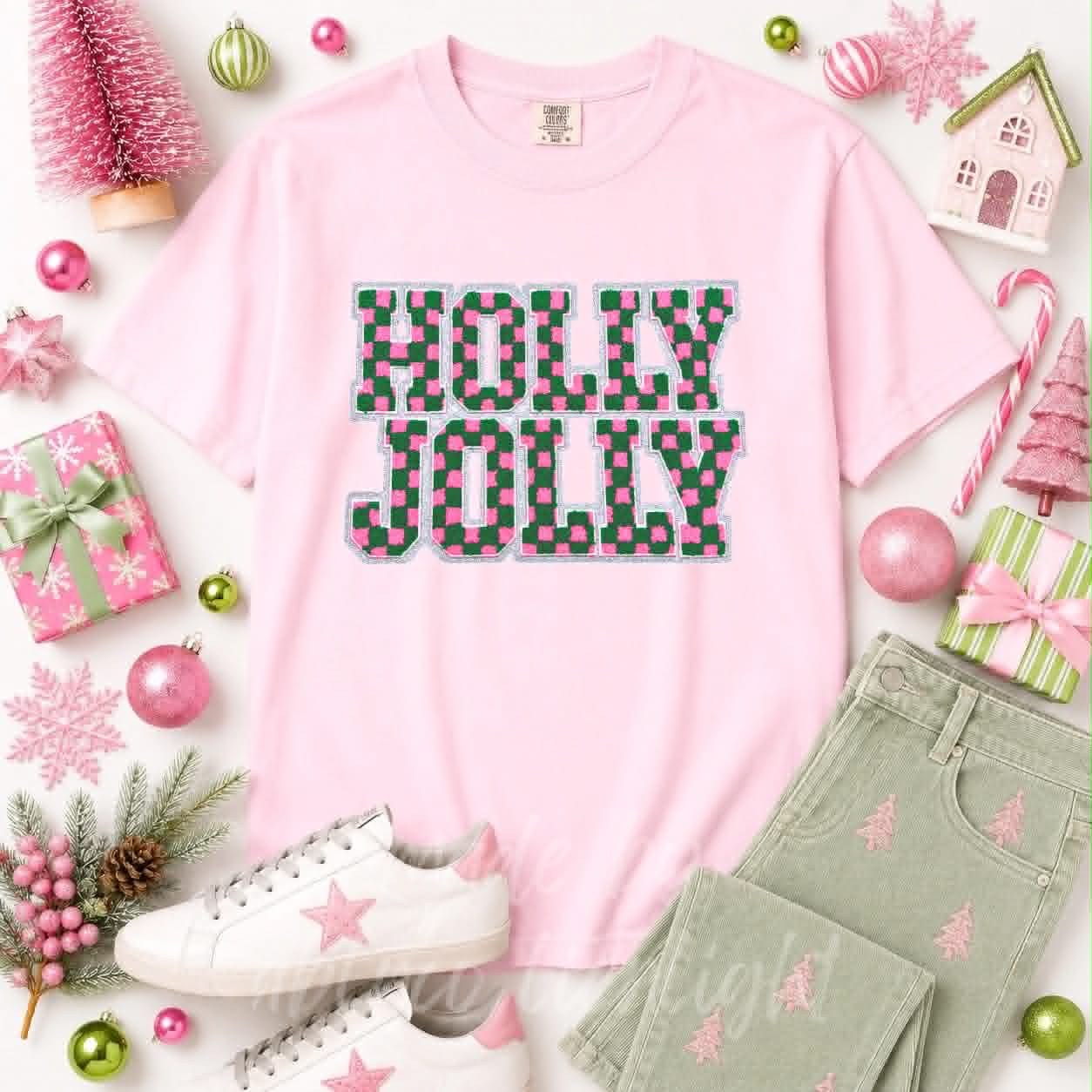 Checkered Holly Jolly Christmas Sequin Patch Tshirt