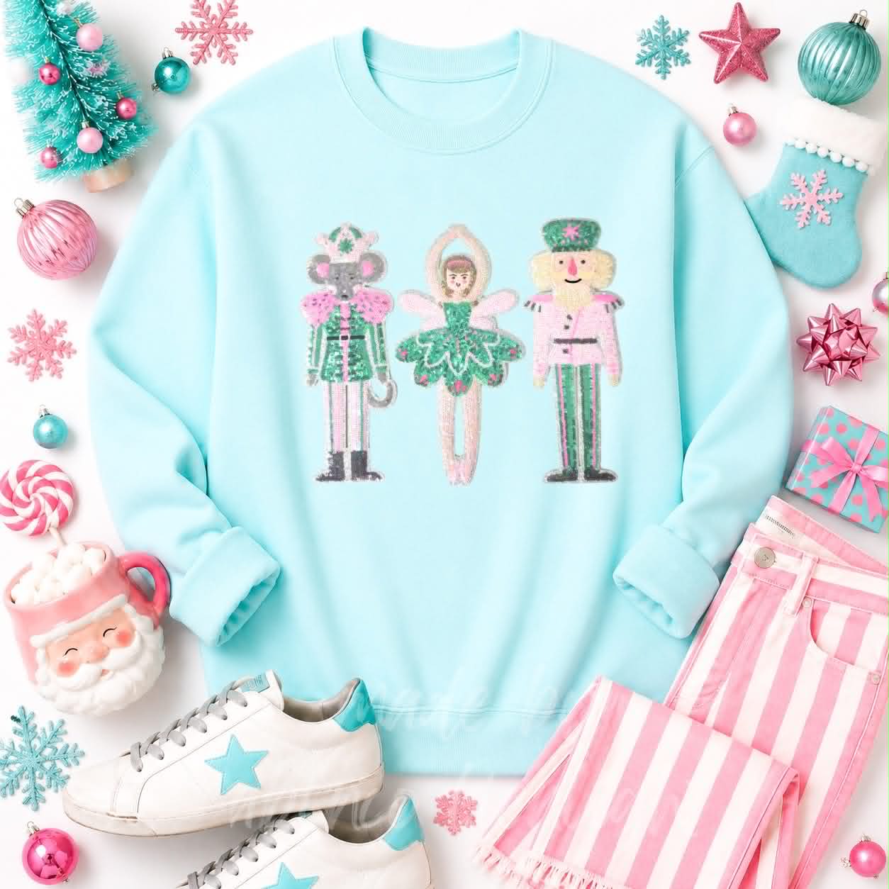 Nutcracker Ballerina Trio Christmas Sequin Patch Sweatshirt