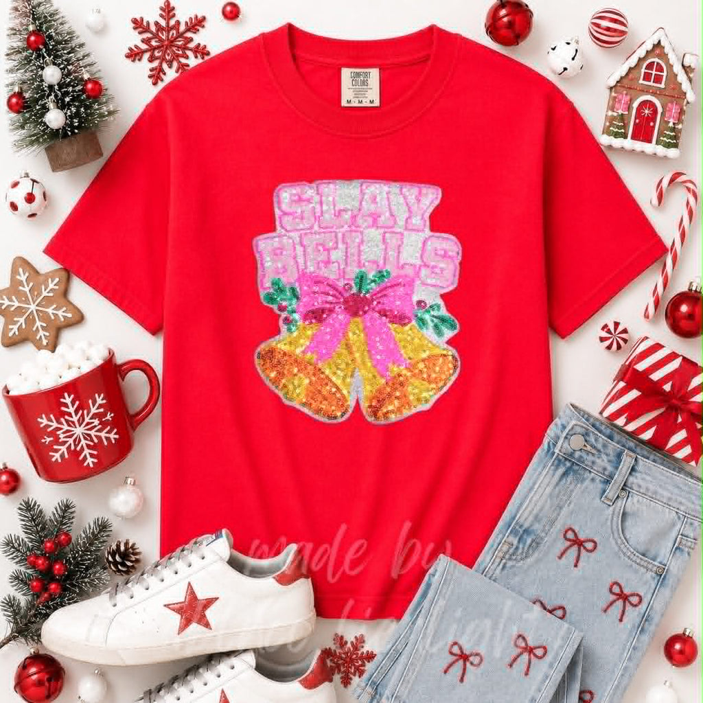 Slay Bells Christmas Sequin Patch Tshirt