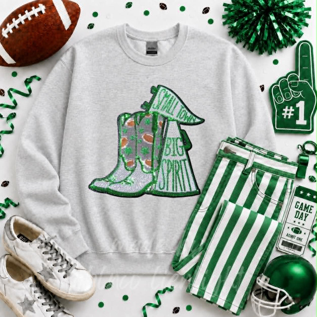 Green Small Town Big Spirit Football Sequin Patch Sweatshirt