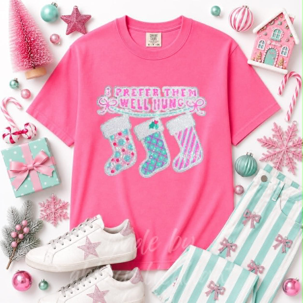 Prefer Them Well Hung Stockings Christmas Sequin Patch Tshirt