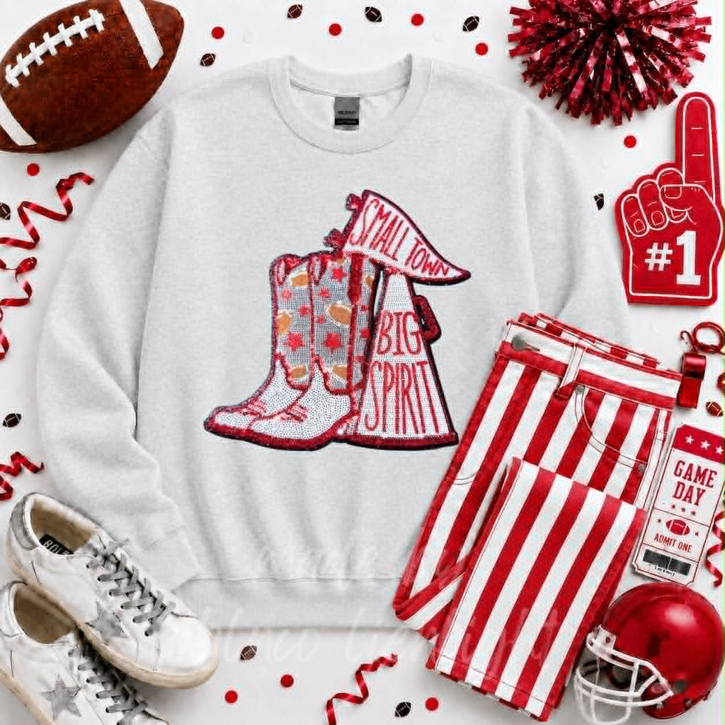 Red Small Town Big Spirit Football Sequin Patch Sweatshirt