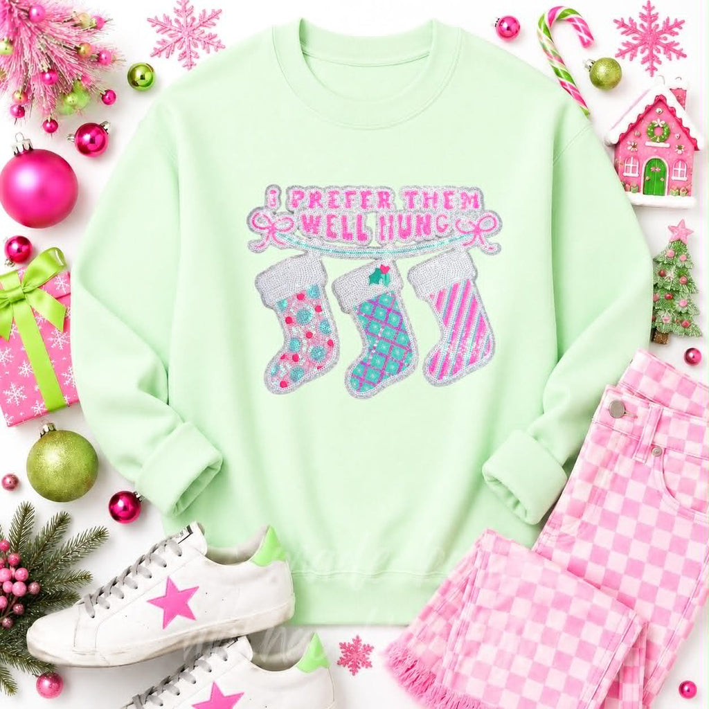 I Prefer Them Well Hung Stockings Christmas Sequin Patch Sweatshirt