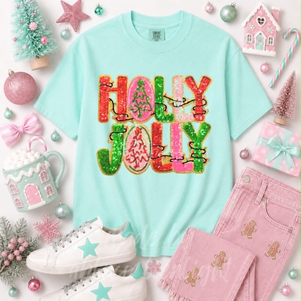 Holly Jolly Christmas Lights Christmas Sequin Patch Tshirt