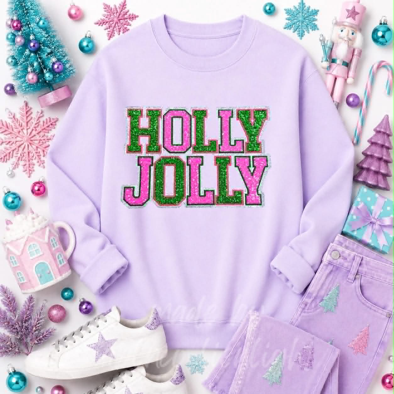 Pink & Green Holly Jolly Christmas Sequin Patch Sweatshirt