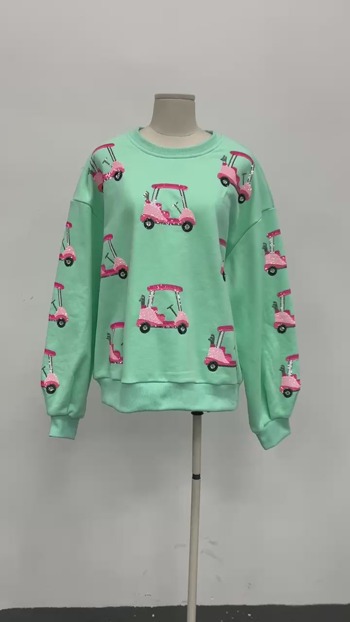 Sparkles Sequins Pink Golf Cart Mint Sweatshirt