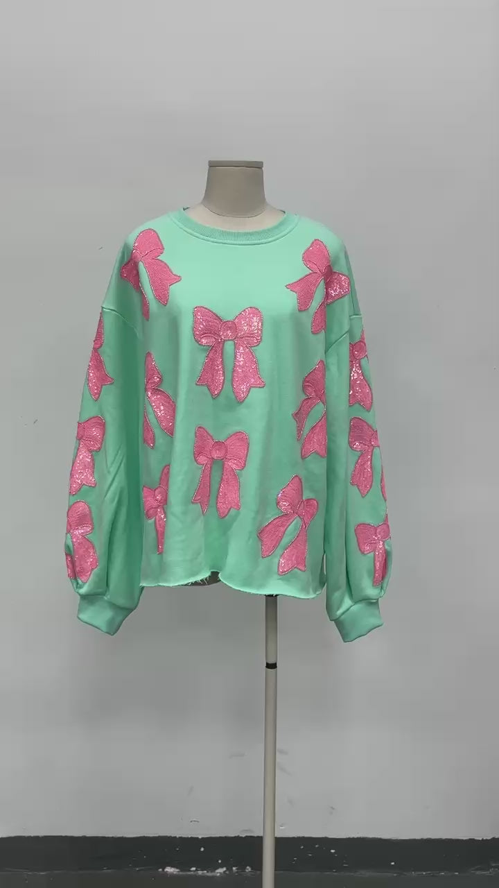Pink Bows Mint Green Sequin Sweatshirt