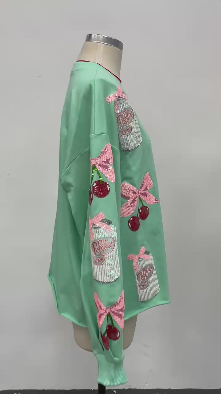 Sparkles Sequins Diet Dr. Pepper Cherries Pink Bow Mint Sweatshirt